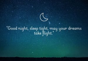 Good night, sleep tight, may your dreams take flight" is a warm and soothing bedtime wish, encouraging restful sleep and imaginative dreams. It conveys hope for a peaceful night filled with dreams that inspire and uplift.