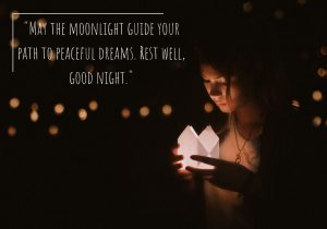 May the moonlight guide your path to peaceful dreams. Rest well, good night" offers a gentle and soothing farewell for the evening. It suggests that the calming glow of the moon can lead to tranquility and serenity during sleep, encouraging restful slumber and the promise of sweet dreams ahead.