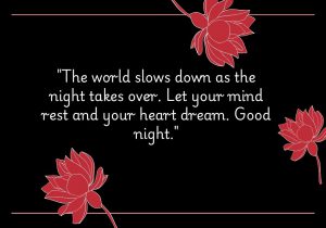 The world slows down as the night takes over. Let your mind rest and your heart dream. Good night" beautifully captures the essence of nighttime as a time for peace and reflection. It encourages releasing the day's stresses, inviting relaxation and dreaming, and fostering a serene transition into restful sleep.