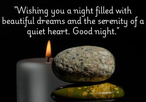 Wishing you a night filled with beautiful dreams and the serenity of a quiet heart. Good night" conveys a heartfelt wish for peaceful rest and soothing dreams. It emphasizes the importance of tranquility and contentment as one prepares for sleep, encouraging a sense of calm and warmth through the night.