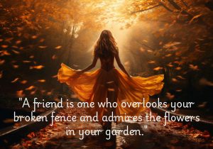 This quote reflects the kindness and understanding of a true friend. It suggests that a real friend looks past your flaws or imperfections, symbolized by the "broken fence," and focuses on the beauty within you, represented by the "flowers in your garden." True friendship is about appreciating the good in each other, even when life isn’t perfect.