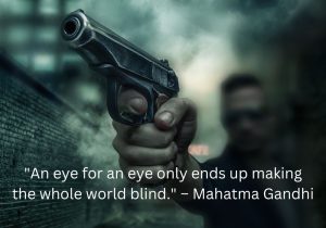 Mahatma Gandhi's quote, "An eye for an eye only ends up making the whole world blind," warns against the destructive nature of revenge. It suggests that retaliating with harm only perpetuates a cycle of violence, leading to more suffering without resolution. Instead of seeking revenge, the quote advocates for forgiveness and nonviolence, emphasizing that responding to harm with harm ultimately damages everyone involved.