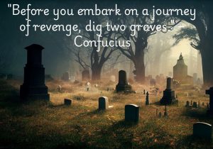 Confucius's quote, "Before you embark on a journey of revenge, dig two graves," warns that seeking revenge harms both the avenger and the target. It suggests that the act of revenge often backfires, bringing destruction to both parties. The quote highlights the destructive consequences of vengeance, cautioning that it can lead to personal downfall as well as the suffering of others.