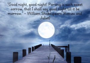 "Good night, good night! Parting is such sweet sorrow, that I shall say good night till it be morrow" from Romeo and Juliet by William Shakespeare expresses the bittersweet emotions of saying farewell to a loved one. Juliet speaks this line, torn between the sadness of parting from Romeo and the anticipation of seeing him again. The phrase "sweet sorrow" beautifully captures the complexity of love, where even moments of separation are tinged with the sweetness of affection and longing for reunion. It reflects the intense passion and youthful yearning between the two lovers.