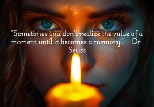 "Sometimes you don’t realize the value of a moment until it becomes a memory" by Dr. Seuss reflects the idea that we often take meaningful experiences for granted until they are in the past. The quote highlights the bittersweet nature of hindsight, where the true significance of moments becomes clear only once they are gone. It encourages mindfulness and appreciation of the present, reminding us to cherish life’s fleeting experiences before they become memories.